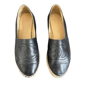 Chanel Interlocking CC Cap Toe Espadrille Shoes Black Leather Flats Size EU 38